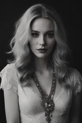 Monochrome portrait of an elegant woman with long wavy hair, wearing a lace dress and a large, ornate pendant necklace, looking directly at the camera