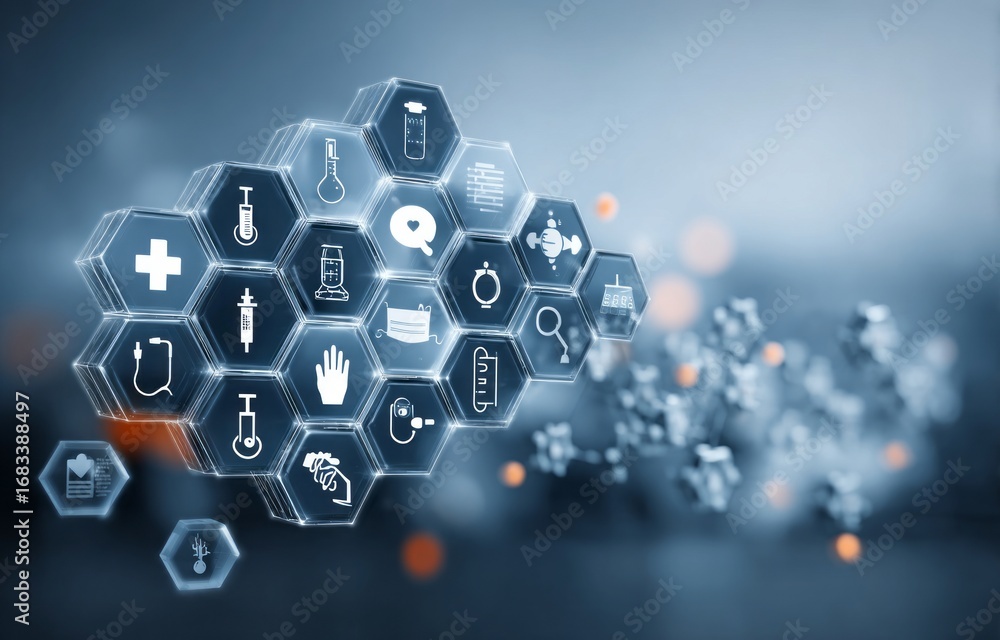 Poster a colorful image of a cube with many different icons on it, including a heart. background medical he