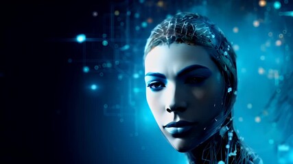 A digital artwork portraying a womans profile with a complex, intricate digital interface overlaying her head. The womans face is illuminated with a myriad of blue and white lights.