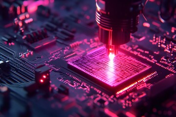 Close up of laser scanning microchip on motherboard, analyzing electronic components in circuit board, concept of technological innovation