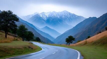 Serene Mountain Road with Misty Peaks and Lush Greenery in View