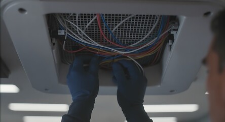 Gloved Hands Connecting Colorful Electrical Wires in Overhead Panel During System Maintenance or Installation