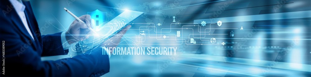 Poster cybersecurity analyst team using tablet and analysis information security controls, encryption authe
