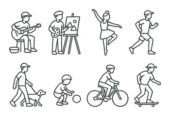 Outline drawing of people engaging in various hobbies and activities