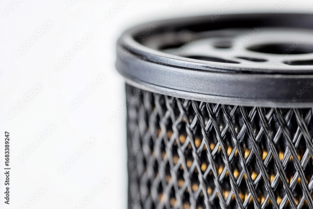 Poster close up view of a new fuel filter, showcasing intricate details of the filtration mesh and construc