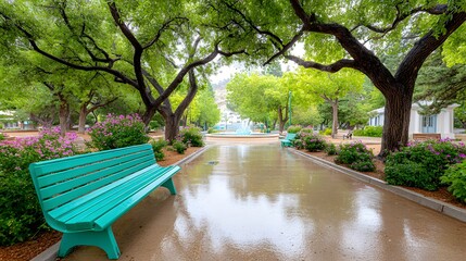 Tranquil Pathway with Green Benches and Vibrant Trees in Park