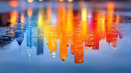 Colorful Reflection of City Skyline with Vibrant Lights at Sunset