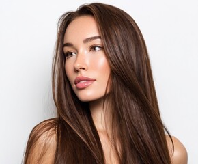 Fototapeta premium A woman with long, lustrous brown hair and a radiant complexion gazes thoughtfully off to the side.