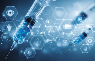 A blue syringe with a bunch of medical symbols on it. Star concept.