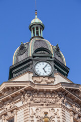 Tower with dome and clock, neo-Renaissance Stybl House (Stybluv dum), Prague, Czech Republic