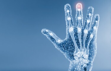 A hand with a red mark on it is shown in a blue background. Star concept.