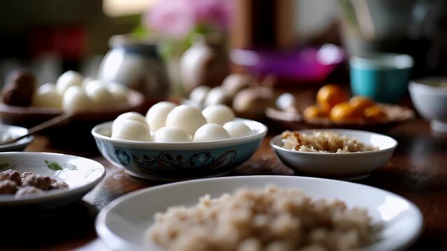 Chinese Spring Festival celebration. A closeup shot of a table setting with various dishes and utensils. The main subject is a bowl of boiled eggs, which is the focal point of the image.