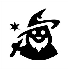 Friendly wizard with wand and star icon