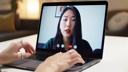 A person on a video call with a woman on a laptop screen showing call controls and a white background setup - Powered by Adobe