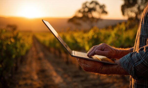 Farmer using laptop in vineyard at sunset