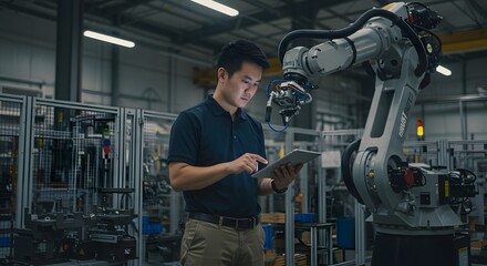 Asian Engineer Inspecting Robotic Arm in Industrial Factory Setting.