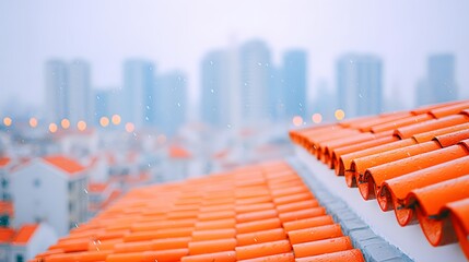 Snowfall Over Urban Skyline with Red Roof Tiles and Soft Focus