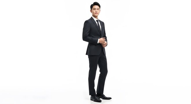 Confident Asian Businessman in Black Suit, White Background.