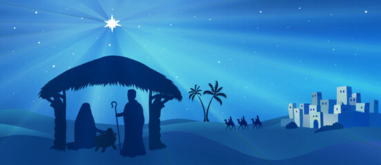Silhouette of the Holy Family Nativity Scene in a Blue Landscape with the Starry Sky of Bethlehem