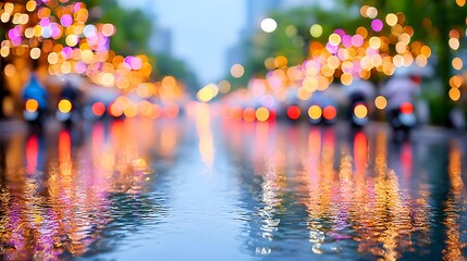 Evening Street Reflection with Colorful Bokeh and Raindrops