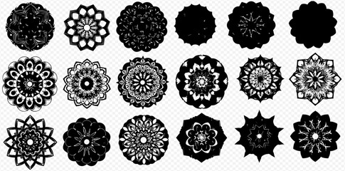 Collection of twenty-one unique black and white mandala designs on a transparent background.