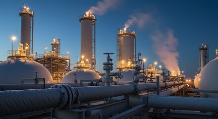 Industrial Oil Refinery at Dusk, Pipes and Smoke.
