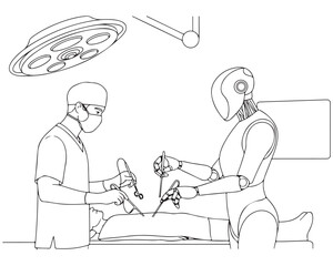 Human and Robotic Surgeons Performing an Operation in a Modern Operating Room