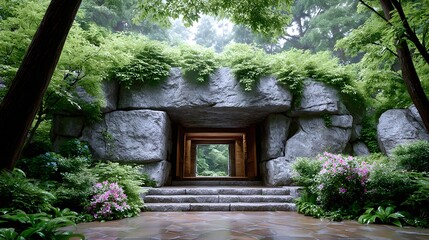 Serene Entrance to Nature's Sanctuary Through Stone and Wood Frames