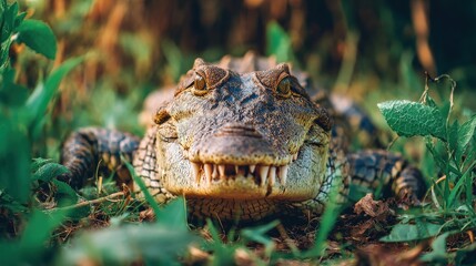 Fototapeta premium Caiman Head Close-Up in Green Grass