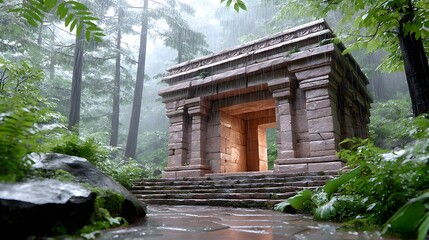 Ancient Stone Temple Surrounded by Lush Green Forest and Rain