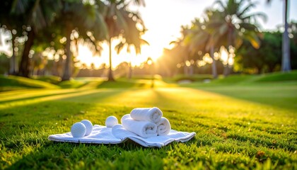 White towels on a golf course at sunrise