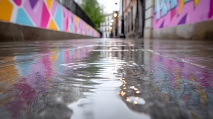 Colorful City Walkway with Reflections and Raindrops on Pavement