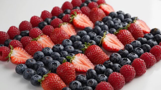 Arranging Fresh Strawberries, Blueberries, and Raspberries in Rows on a White Surface During Daylight Hours for a Patriotic Treat