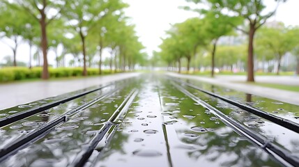 Raindrops on a Black Metal Surface with Lush Green Trees in View