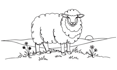 Sheep Outline Drawing in a Grassy Field with Hills and Sun