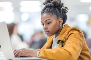 Focused student concentrating on her laptop in a busy library, highlighting the dedication and hard work of modern education
