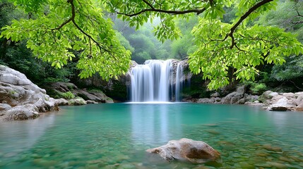 Serene Waterfall Flowing into Tranquil Pool Surrounded by Lush Greens