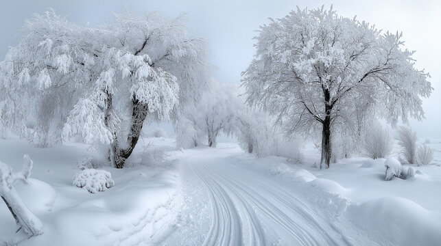 AI generator images of Winter, snow covers trees in fields and on foggy roads. Winter path through snowy trees natural snowing in forest