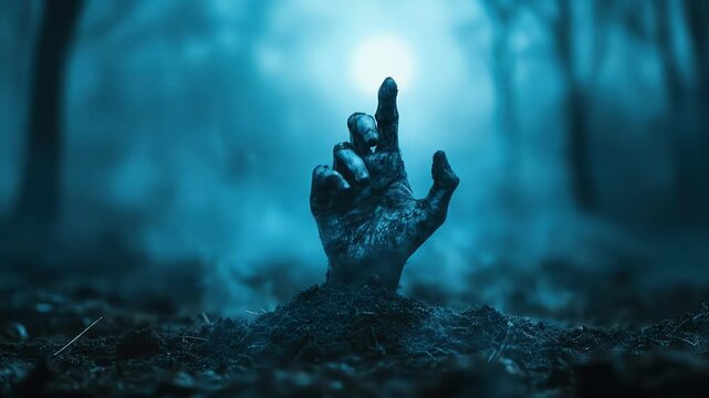 Spooky zombie hand rising from the ground in a dark misty forest chilling blue lighting eerie details and grim scene