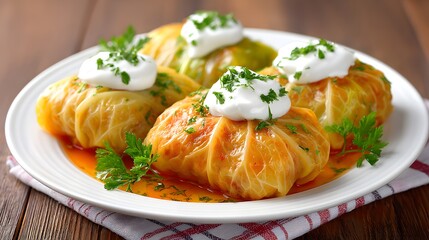 Savory Cabbage Rolls Topped with Cream and Fresh Herbs on Plate