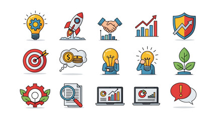 A vibrant, hand-drawn doodle icon set representing business startup concepts like innovation, growth, and strategy.