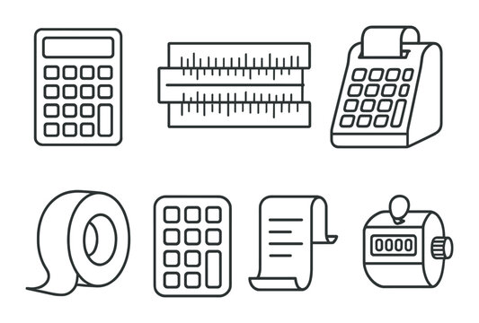 Monochrome icons of office tools including calculator ruler adding machine and tape