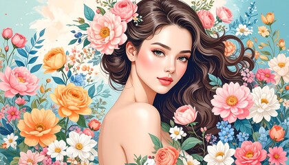 A captivating illustration of a beautiful woman surrounded by vibrant flowers, showcasing a serene and colorful floral arrangement.