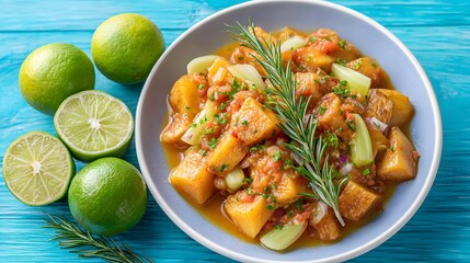 Fresh and Colorful Vegetable Dish with Limes and Rosemary Garnish