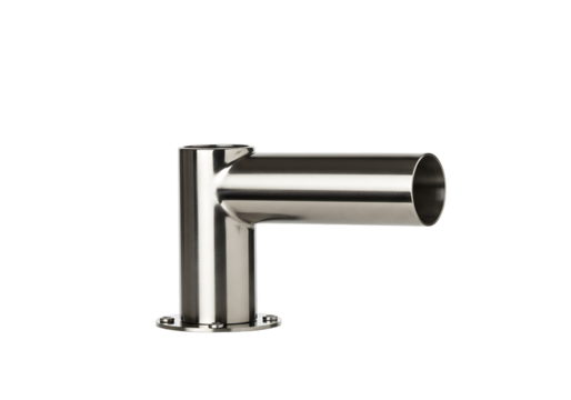 光沢輝く金属製エルボ継手　精密な造形美