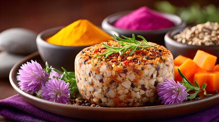 Colorful Cheese and Spices with Fresh Herbs on a Rustic Wooden Table