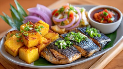 Grilled Fish Platter with Plantains and Fresh Vegetable Salad