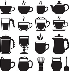 Collection of black beverage and hot drink icons on white background Keywords: coffee, tea, hot
