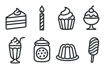 Black and gray dessert icons: cake, candle, cupcake, ice cream, shake, jar, jelly, popsicle