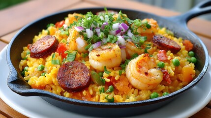 Vibrant Shrimp and Sausage Rice Dish in a Cast Iron Pan